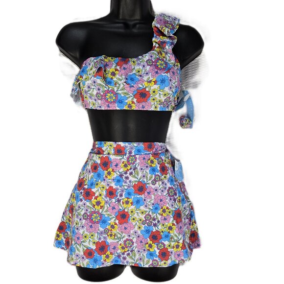 Draper James Other - Draper James NWT Floral One Shoulder Flounce Swimsuit Bikini Skirt Set UPF 50+